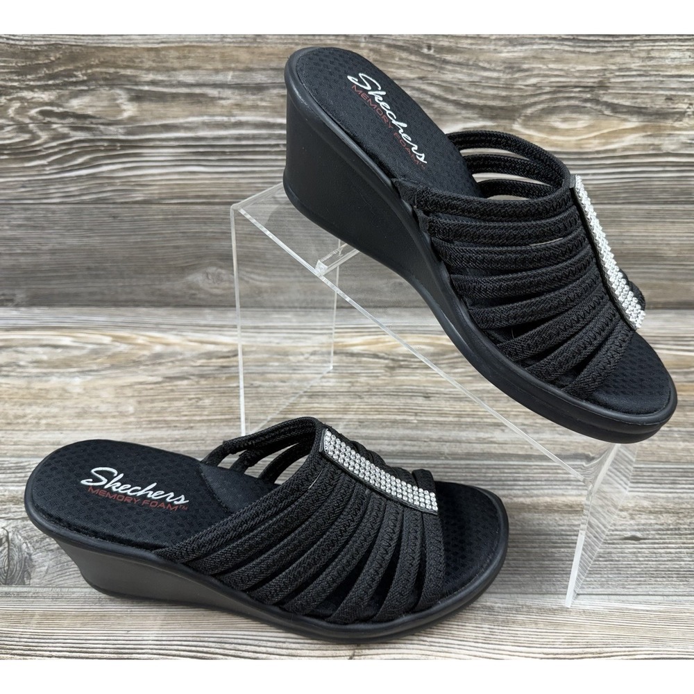 Skechers Womens 9 Rumblers Hot Shot Black Rhinestone Wedge Sandal Memory Foam